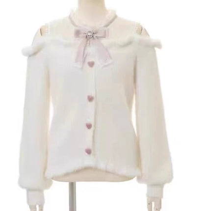 Autumn and Winter Furry Off-shoulder Long-sleeved Sweater Japanese Sweet Cute Girl Bow Versatile Outer Wear Knitted Pullover