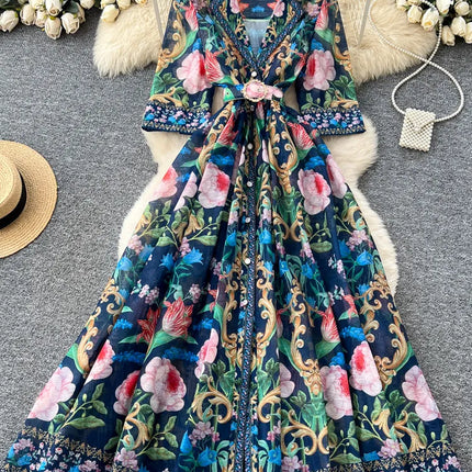 French Luxury Print Dress Women Summer Short Sleeve Waist Tie A Line Big Swing Party Banquet Evening Gown Outfit Dress Woman