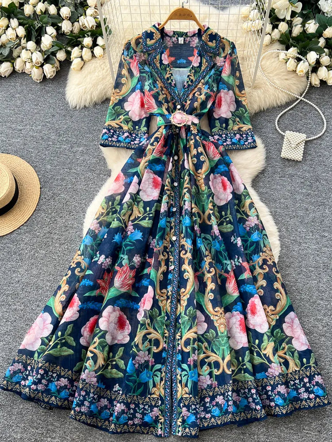 Französisches Luxus-Printkleid für Damen, Sommer, kurze Ärmel, Taillenband, A-Linie, großer Schwung, Party, Bankett, Abendkleid, Outfit, Kleid für Damen