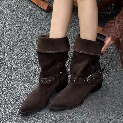 Vintage Suede Western Boots Women 2025 New Summer Pointed Toe Belt Buckle Non-Slip Block Heel Travel Boots
