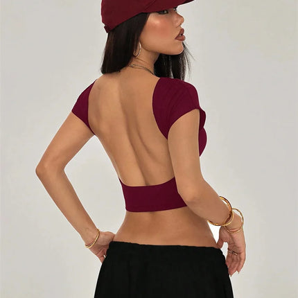 Sexy Backless Short Sleeve T Shirt Women Summer Grunge Y2K Clothes High Street Style Plain Black Crop Tee Top Streetwear 2024