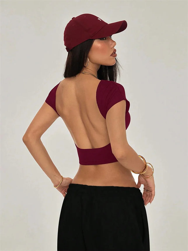 Sexy Backless Short Sleeve T Shirt Women Summer Grunge Y2K Clothes High Street Style Plain Black Crop - product image 2