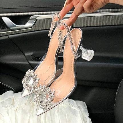 New PVC Transparent Crystal Women Slippers Summer Pointed Toe High Heels Sexy Slides Ladies Party Sandals Pumps Shoes
