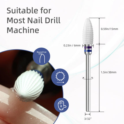 HYTOOS Composite Ceramic Typhoon Nail Drill Bits Straight Cut White Pro E-file Bit Gel/Acrylic Removal Tools for Nail Technician