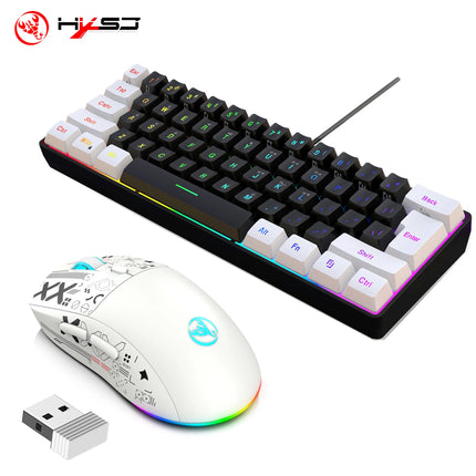 HXSJ-60% RGB Backlit Gaming Keyboard and Mouse Set 61-Key Wired Keyboard 3-Mode Optical Gaming Wireless Mouse for - product i
