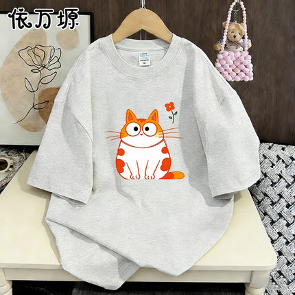 Aesthetic Round Face Chubby Ginger Tabby Cat Mini Flower Graphic Oversized Cotton T Shirt For Women Soft Lazy Daily Street Tee