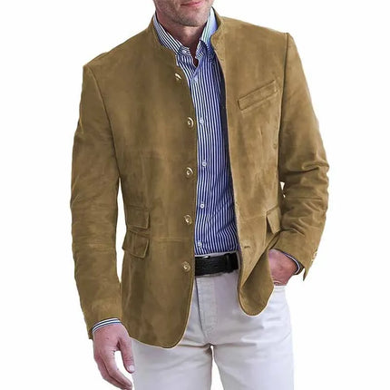 Men Blazers Solid Stand Collar Suits Single Breasted Blazer Business Jackets Long Sleeve Outerwear Cardigan Button Loose