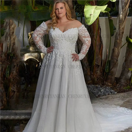 Plus Size Wedding Dresses For Bride Sweetheart  Off Shoulder A-Line Bridal Gowns Long Sleeves Applique Brides dress Customized