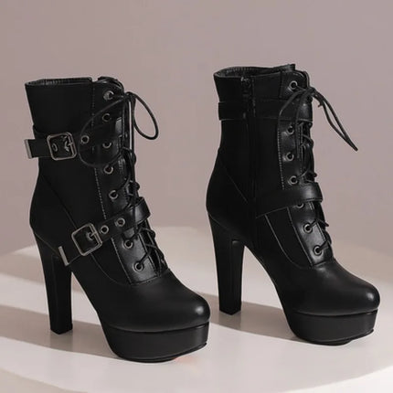 Women Punk Style Lace-Up Ankle Boots Belt Buckle Platform High Heels Short Boot Female White Autumn Winter Round Toe Shoes 2025