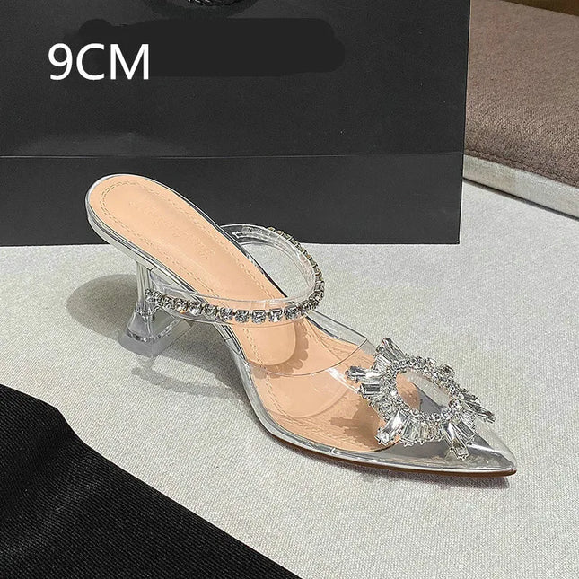 New PVC Transparent Crystal Women Slippers Summer Pointed Toe High Heels Sexy Slides Ladies Party Sandals Pumps Shoes