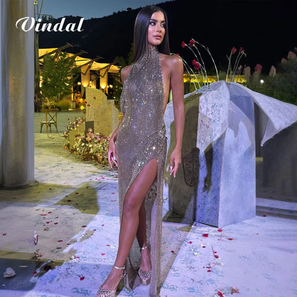 Vindal Sexy Sleeveless Backless Long Evening Dress High Slit Women's Celebrity Party Club Black Girl's Birthday Dress Customized