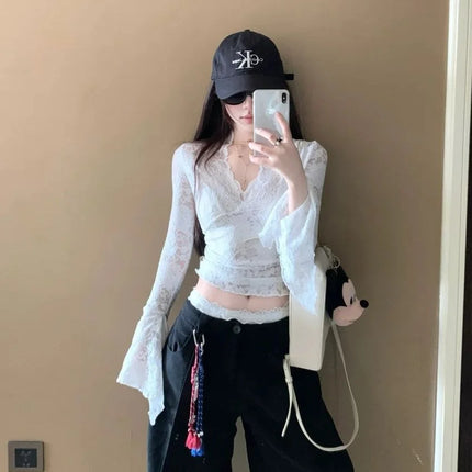 Sexy V-Neck Sheer T-Shirts Flare Long Sleeve Spring Lace Slim Pullovers Tops Casual Evening Party Club Chic