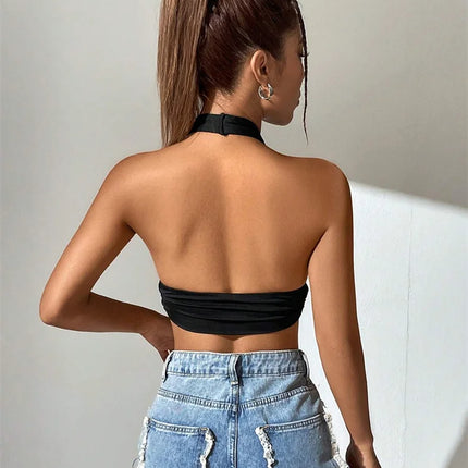 Sleeveless Backless Deep V-neck Halter Top Women Summer 2024 Club Party Sexy Solid Color Crop Tops Streetwear Y2K Clothes