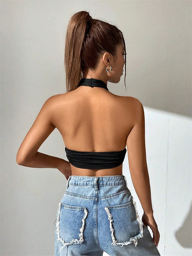 Sleeveless Backless Deep V-neck Halter Top Women Summer 2024 Club Party Sexy Solid Color Crop Tops - product image 2