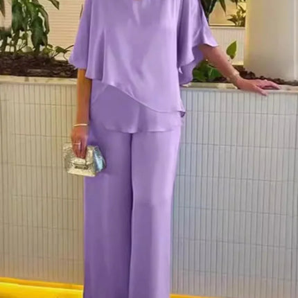 Summer New Solid Color Round Neck Short Sleeve Women Suit Casual Loose Irregular  Top Elegant Female Jumpsuits Office 2piece Set