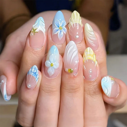 24pcs Almond False Nails Tips Summer Beach Colorful Nails Sets with Pearl Flower Design Press on Nails Art Wearable Fake Nail