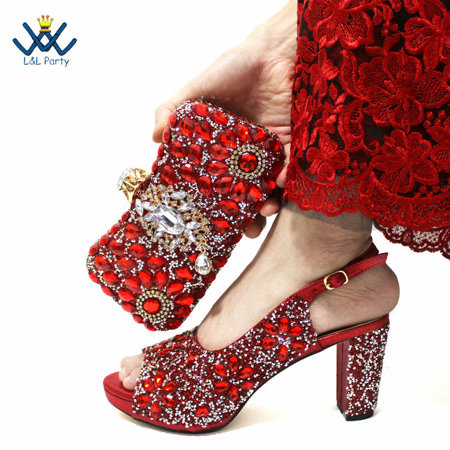 2025 Italian Design Classics Style Shoes and Bag Set in Orange Color INS New Arrivals High Quality Full Crystal with Platform