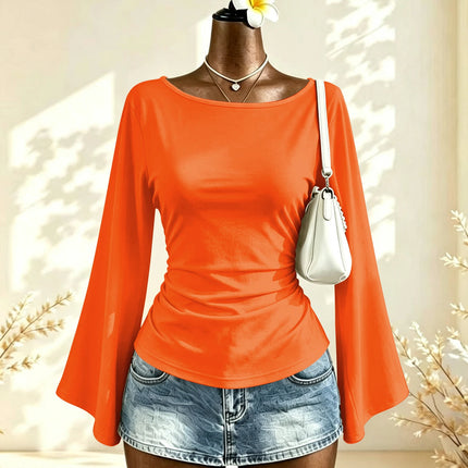 Boat Neck Flare Long Sleeve Side Ruched Fitted Casual Blouse Slim Fit Basic Top