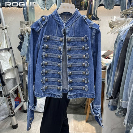 Denim Jacket Women Boxy Coat Y2K Retro Hussars Jacket Stand Collar Double Breasted Button Cropped Jacket Napoleon Old Money Men