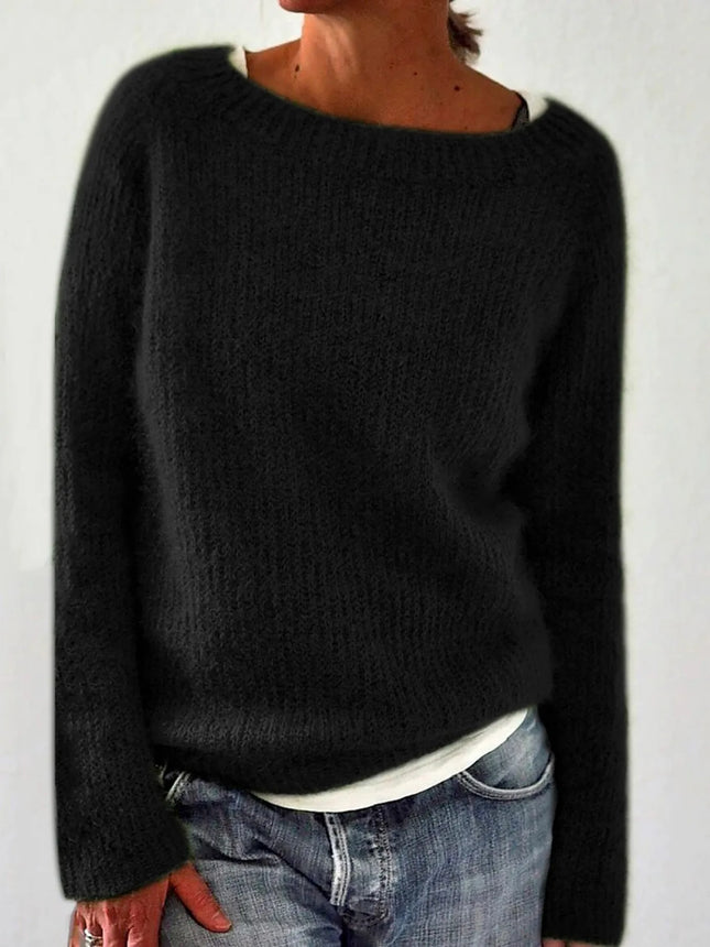 Damen Schwarzer Oversized Strickpullover mit U-Boot-Ausschnitt Lässiger Slouchy Pullover Bequemes Mode-Oberteil für Herbst Winter