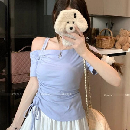 Sweet One Shoulder Drawstring Short Sleeve T Shirt Women Summer Off Shoulder Top Elegant Sexy Solid Color Cropped Basic Blouse