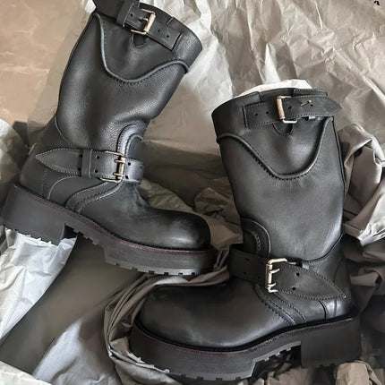 New Women Shoes Luxury Leather Round Head Motorcycle Boots for Woman Fashion Platform Knight Boots Designer Shoes Botas Feminina