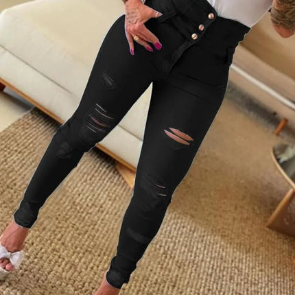 Autumn New Broken Holes High Waist Jeans Women Fashion Casual Denim Trousers Female Button Splicing Slim Fit Skinny Pencil Pants
