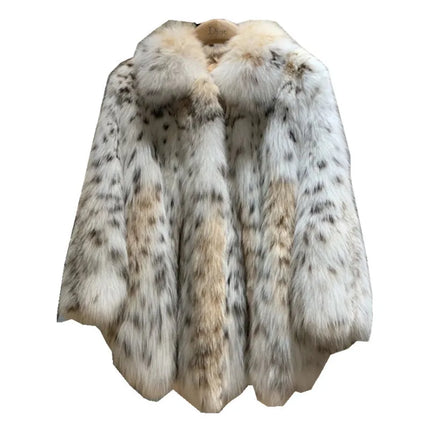 Leopard Faux Fur Cardigan Fox Fur Coats Loose Thick Warm Fur Outerwear Spliced Turn Down Collar Overcoat High Street Winter