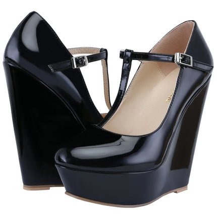 Women Platform Wedge Pumps Autumn Winter 14cm Super Round Toes High Heels T-Strap Gladiator Ladies Dress Party Wedding Shoes