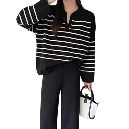 Women Two Piece Set Striped Knit Tops V Neck Full Sleeve Loose Casual Pullover Wide Leg Pants High Waist Elegant Autumn Winter