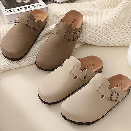 Taupe and cream buckle clogs displayed together