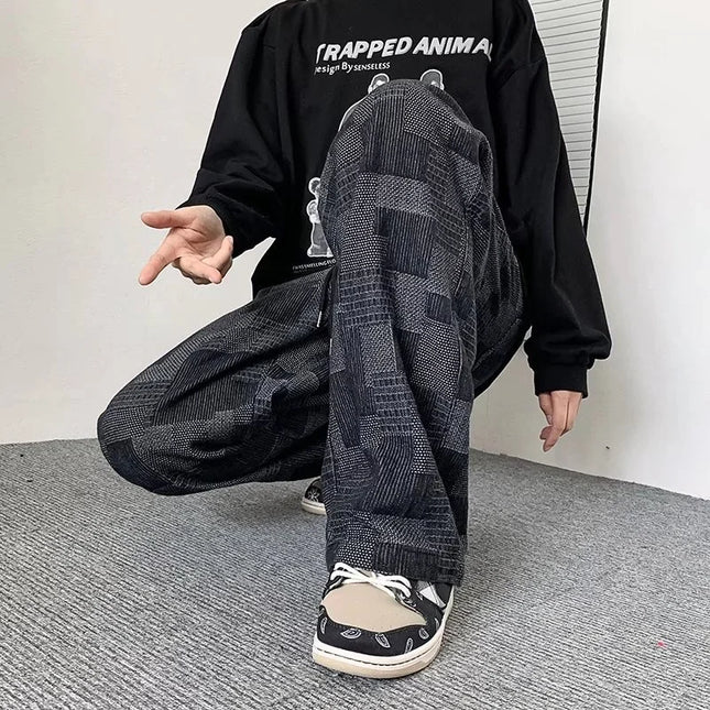 Pantalones vaqueros de cuadros azules y negros de otoño para hombre, vaqueros Y2K vintage de pernera ancha, pantalones de mezclilla holgados de calle alta, pantalones de hip hop