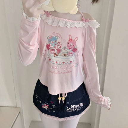 Japanese Girls Cartoon Printing Halter T-shirt Harajuku Grunge Kawaii Cute Loose Tees Women Y2k Aesthetic Lace Patchwork Tops