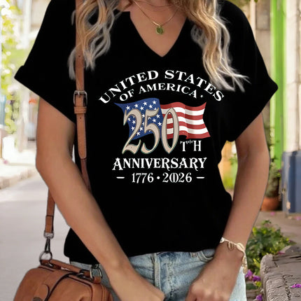 Women's V-Neck "USA 250th Anniversary 1776-2026" Graphic Tee, American Flag Print T-Shirt, Casual Patriotic Short Sleeve Top