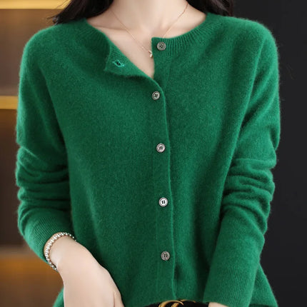 New Fashion Spring 100% Merino Wool Womens O-neck Cardigan Cashmere Sweater 2024 Female Clothing Grace Knitwear Korean Tops