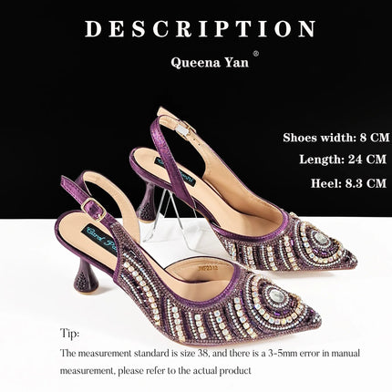 Queena Yan Nigerian Heel Party for Women Silver Color Shoes and Bag Set Rhinestone Handbag Italian Design Wedding INS 2025