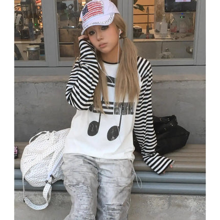 Tonngirls Japanses 2000s T-shirt Women Casual Print Graphic Tops Patchwork Y2k Vintage Grunge Tops American Retro Tshirts E-girl