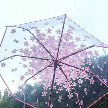 Portable And Easy To Carry, Cute And Fresh Design; Minimalist Sakura Transparent Umbrella; Adorable Sakura Pattern Transparent Umbrella; Foldable Umbrella; Ladies' Manual Umbrella; Travel Umbrella; Travel Essential; Unisex De