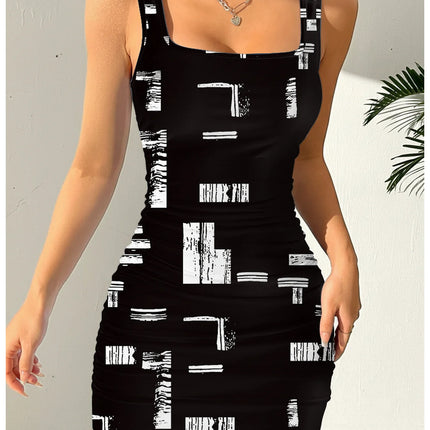 Women's Geometric Print Round Neck Sleeveless Camisole Dress Summer Casual Fashion Comfortable Mid-Length Skirt