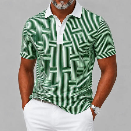 Men's Blue White Vertical Stripe Print Polo Shirt, Casual Tops For Spring Summer Daily Streetwear & Smart Casual Occasions