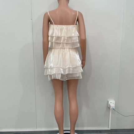 CM.YAYA Chic Women's Set Strap Cascading Ruffles Crop Top and Flare Shorts Skirt 2023 Summer Two 2 Piece Set Outfits Tracksuit