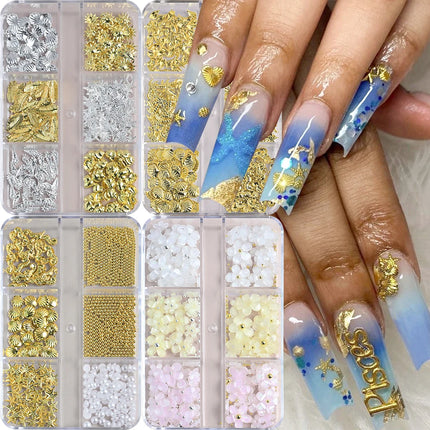 6 Grids Metal Summer Ocean Nail Art Charms 3D Shell Starfish Seahorse Caviar Beads Alloy Nail Jewelry Mixed Manicure Studs Decor