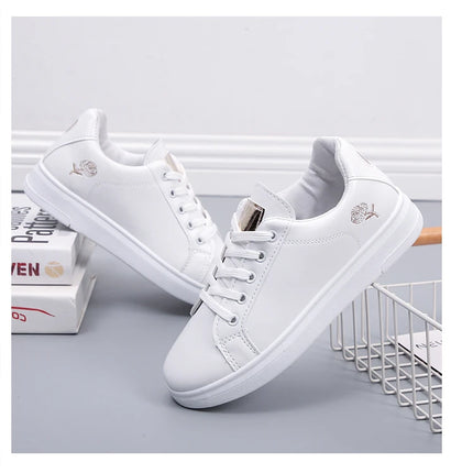 Women Leather Pu Casual Shoes New 2025 Woman Shoes Fashion Embroidered White Sneakers Breathable Flower Lace-Up Women Sneakers