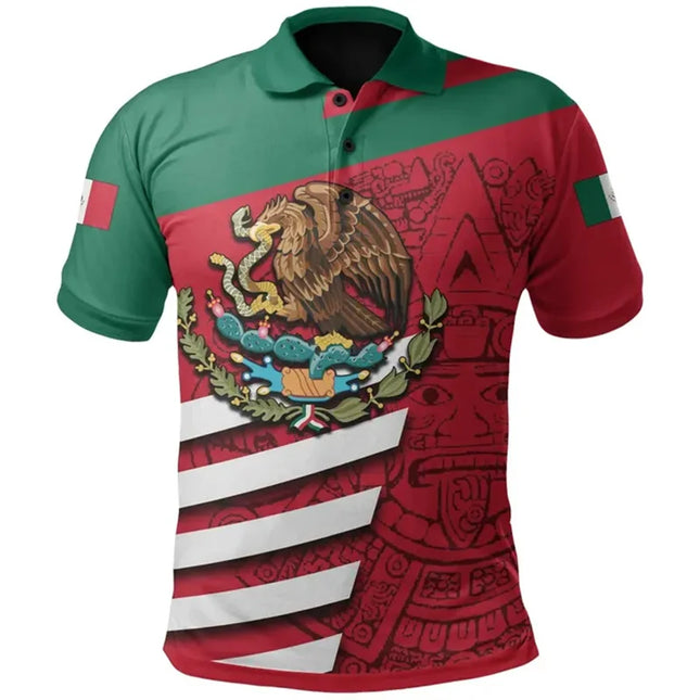 Mexico Flag Map Graphic Polo Shirts For Men Aztec Warrior Eagle 3D Printed Short Sleeves Casual Sport Lapel Tops Oversized Tees