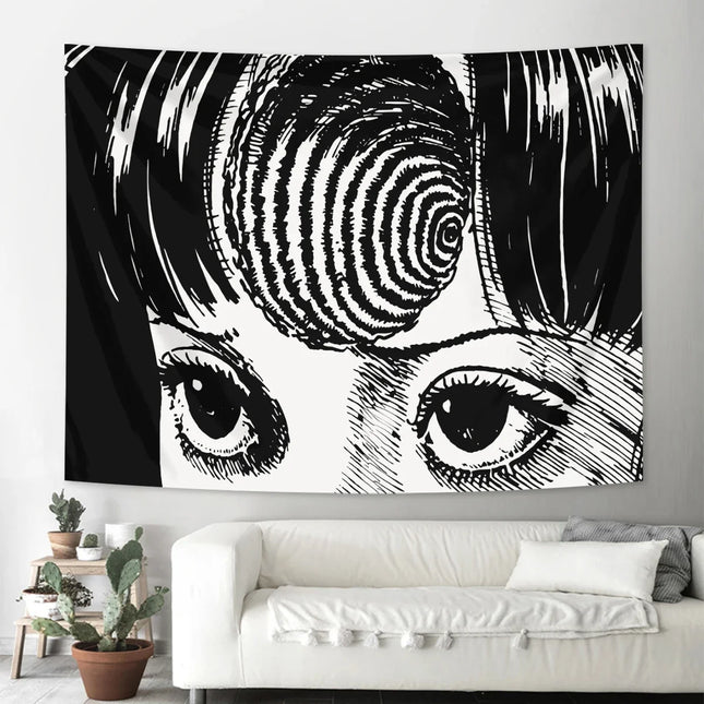 Black and White Hypnotic Eyes Horror Comic Tapestry Gothic Room Decor Bedroom Dormitory Wall Hanging Decorative Hanging Cloth