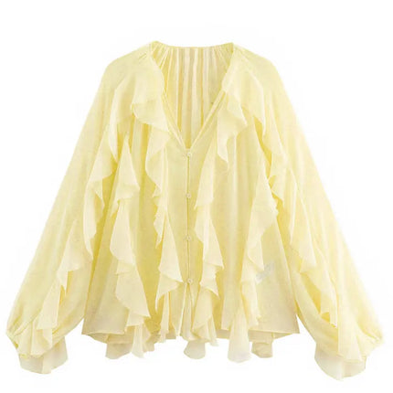 2026 New Summer Women's Elegant Loose Long Sleeve Chiffon Layered Shirts Lady Vintage V-neck Translucent Tierred Ruffles Blouses