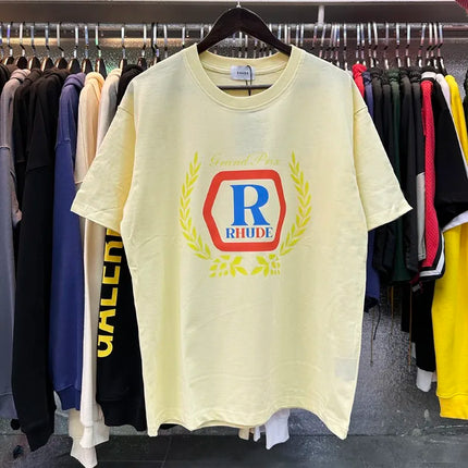 Black Vintage RHUDE Racing Laurel Wreath T-shirt R Logo Grand Prix Crew Neck Cotton RHUDE Casual Streetwear Short Sleeve Top Tee