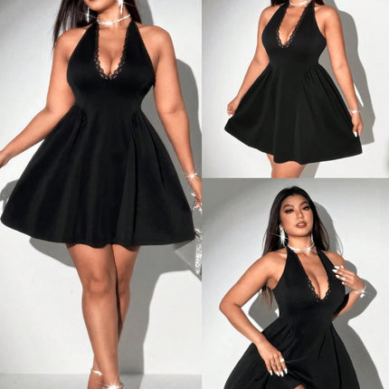 Plus Size Women Halter Black Mini Dress Lace Deep V Neck Sleeveless A Line Flare Club Party Short Dress