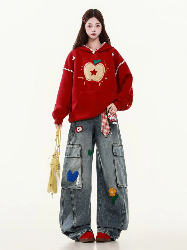 Embroidered Harajuku women's jeans American casual style retro straight leg high street wide leg pants Y2k loose jeans for womem