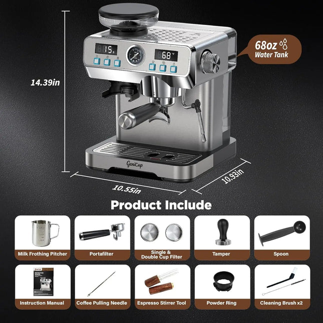 20 Bar Espresso Machine with Grinder, PID Temp Control 194-203°F, 68oz Tank, Cold Brew, All-in-One for Home
